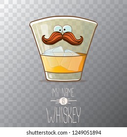 vector funny cartoon smiling whiskey glass character isolated on transparent background. My name is whiskey vector concept. funky hipster alcohol character icon for bars label or menu