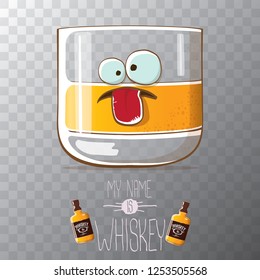 vector funny cartoon smiling whiskey glass character isolated on transparent background. My name is whiskey vector concept. 