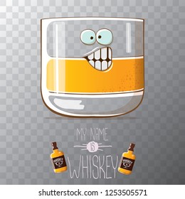 vector funny cartoon smiling whiskey glass character isolated on transparent background. My name is whiskey vector concept. 