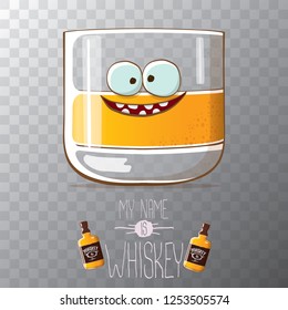 vector funny cartoon smiling whiskey glass character isolated on transparent background. My name is whiskey vector concept. 
