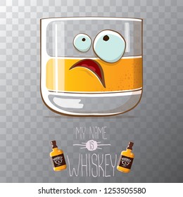 vector funny cartoon smiling whiskey glass character isolated on transparent background. My name is whiskey vector concept. 