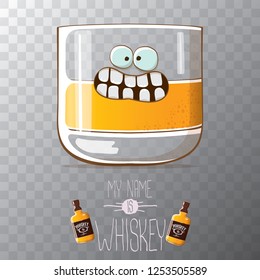 vector funny cartoon smiling whiskey glass character isolated on transparent background. My name is whiskey vector concept. 