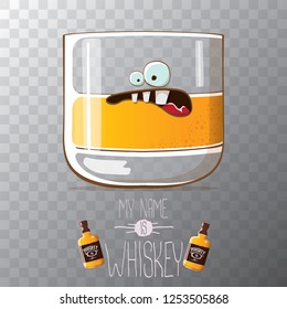 vector funny cartoon smiling whiskey glass character isolated on transparent background. My name is whiskey vector concept. 
