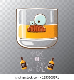 vector funny cartoon smiling whiskey glass character isolated on transparent background. My name is whiskey vector concept. 