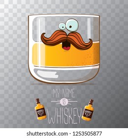 vector funny cartoon smiling whiskey glass character isolated on transparent background. My name is whiskey vector concept. 