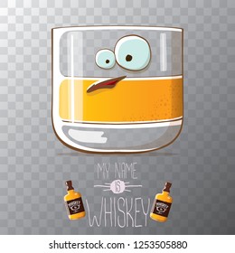 vector funny cartoon smiling whiskey glass character isolated on transparent background. My name is whiskey vector concept. 