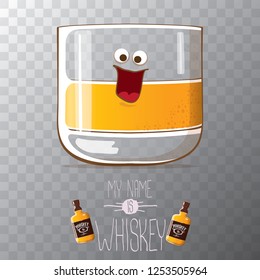 vector funny cartoon smiling whiskey glass character isolated on transparent background. My name is whiskey vector concept. 