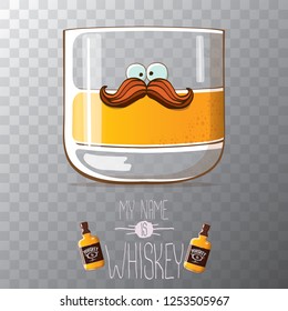 vector funny cartoon smiling whiskey glass character isolated on transparent background. My name is whiskey vector concept. 