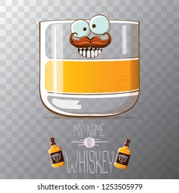 vector funny cartoon smiling whiskey glass character isolated on transparent background. My name is whiskey vector concept. 