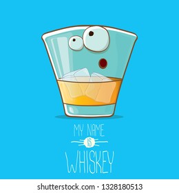 vector funny cartoon smiling whiskey glass character isolated on blue background. My name is whiskey vector concept. funky hipster alcohol character icon for bars label or menu