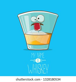vector funny cartoon smiling whiskey glass character isolated on blue background. My name is whiskey vector concept. funky hipster alcohol character icon for bars label or menu