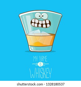 vector funny cartoon smiling whiskey glass character isolated on blue background. My name is whiskey vector concept. funky hipster alcohol character icon for bars label or menu