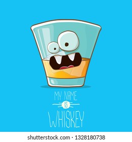vector funny cartoon smiling whiskey glass character isolated on blue background. My name is whiskey vector concept. funky hipster alcohol character icon for bars label or menu
