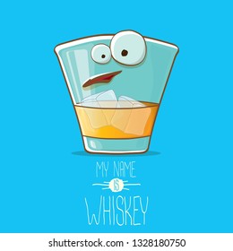 vector funny cartoon smiling whiskey glass character isolated on blue background. My name is whiskey vector concept. funky hipster alcohol character icon for bars label or menu