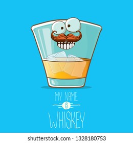 vector funny cartoon smiling whiskey glass character isolated on blue background. My name is whiskey vector concept. funky hipster alcohol character icon for bars label or menu