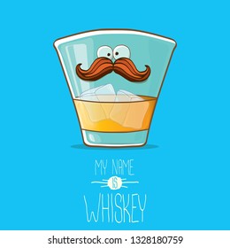 vector funny cartoon smiling whiskey glass character isolated on blue background. My name is whiskey vector concept. funky hipster alcohol character icon for bars label or menu