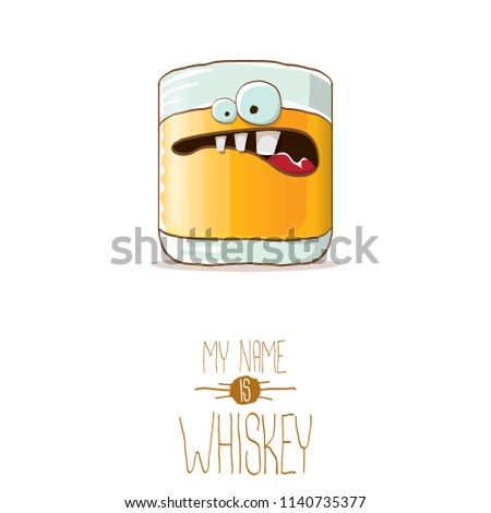 vector funny cartoon smiling whiskey glass character isolated on white background. My name is whiskey vector concept. funky hipster alcohol character icon for bars label or menu