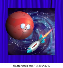 Vector funny cartoon space. Stylistic red planet Mars with eyes and 3d colored serious rocket with a bright fiery jet against the background of a spiral galaxy