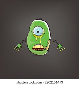 vector funny cartoon spooky green zombie potato character isolated on grey background. Zombie potato vector concept halloween background and label. Dead monster vegetable funky character