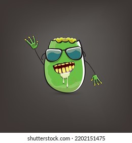 vector funny cartoon spooky green zombie potato character isolated on grey background. Zombie potato vector concept halloween background and label. Dead monster vegetable funky character