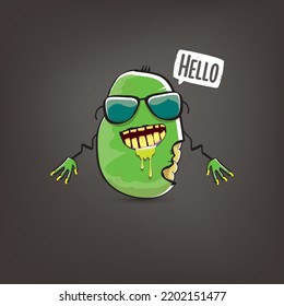 vector funny cartoon spooky green zombie potato character isolated on grey background. Zombie potato vector concept halloween background and label. Dead monster vegetable funky character