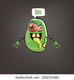vector funny cartoon spooky green zombie potato character isolated on grey background. Zombie potato vector concept halloween background and label. Dead monster vegetable funky character