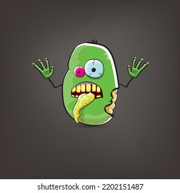 vector funny cartoon spooky green zombie potato character isolated on grey background. Zombie potato vector concept halloween background and label. Dead monster vegetable funky character