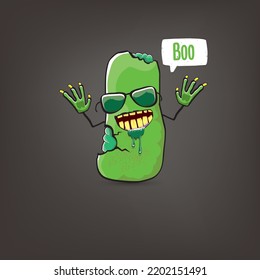 vector funny cartoon spooky green zombie potato character isolated on grey background. Zombie potato vector concept halloween background and label. Dead monster vegetable funky character