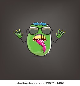 vector funny cartoon spooky green zombie potato character isolated on grey background. Zombie potato vector concept halloween background and label. Dead monster vegetable funky character