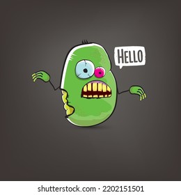 vector funny cartoon spooky green zombie potato character isolated on grey background. Zombie potato vector concept halloween background and label. Dead monster vegetable funky character
