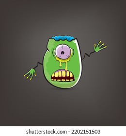 caricatura vectorial divertida espeluznante personaje zombi verde aislado en fondo gris. El concepto de vector de patata zombi halloween fondo y etiqueta. Carácter funky vegetal monstruo muerto