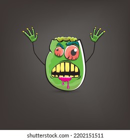 vector funny cartoon spooky green zombie potato character isolated on grey background. Zombie potato vector concept halloween background and label. Dead monster vegetable funky character