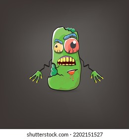 caricatura vectorial divertida espeluznante personaje zombi verde aislado en fondo gris. El concepto de vector de patata zombi halloween fondo y etiqueta. Carácter funky vegetal monstruo muerto