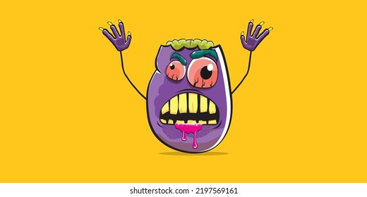 vector funny cartoon spooky violet zombie potato character isolated on orange background. Zombie potato vector concept halloween background and label. Dead monster vegetable funky character