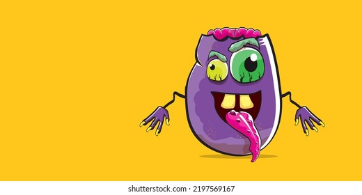 vector funny cartoon spooky violet zombie potato character isolated on orange background. Zombie potato vector concept halloween background and label. Dead monster vegetable funky character