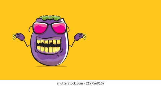 vector funny cartoon spooky violet zombie potato character isolated on orange background. Zombie potato vector concept halloween background and label. Dead monster vegetable funky character