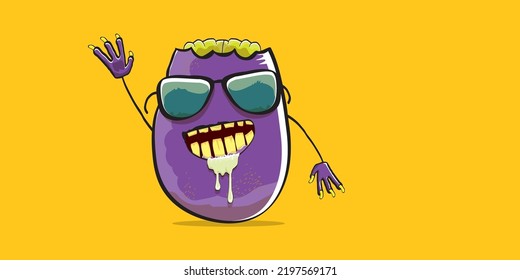vector funny cartoon spooky violet zombie potato character isolated on orange background. Zombie potato vector concept halloween background and label. Dead monster vegetable funky character