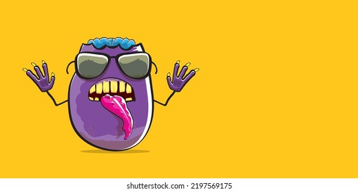 vector funny cartoon spooky violet zombie potato character isolated on orange background. Zombie potato vector concept halloween background and label. Dead monster vegetable funky character