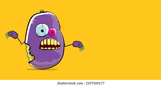 vector funny cartoon spooky violet zombie potato character isolated on orange background. Zombie potato vector concept halloween background and label. Dead monster vegetable funky character