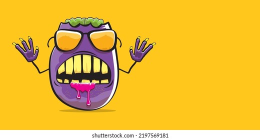 Vektorkomischer Cartoon, violetter Zombie-Kartoffelcharakter einzeln auf orangefarbenem Hintergrund. Zombie-Kartoffel-Vektorkonzept, halloween Hintergrund und Label. Tote Monster Gemüsecharakter