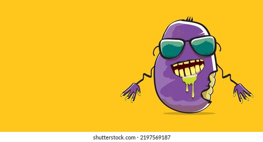 vector funny cartoon spooky violet zombie potato character isolated on orange background. Zombie potato vector concept halloween background and label. Dead monster vegetable funky character
