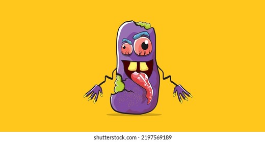 vector funny cartoon spooky violet zombie potato character isolated on orange background. Zombie potato vector concept halloween background and label. Dead monster vegetable funky character