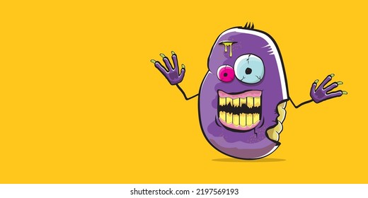vector funny cartoon spooky violet zombie potato character isolated on orange background. Zombie potato vector concept halloween background and label. Dead monster vegetable funky character