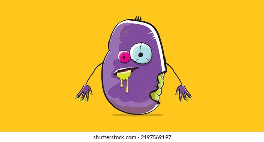 vector funny cartoon spooky violet zombie potato character isolated on orange background. Zombie potato vector concept halloween background and label. Dead monster vegetable funky character