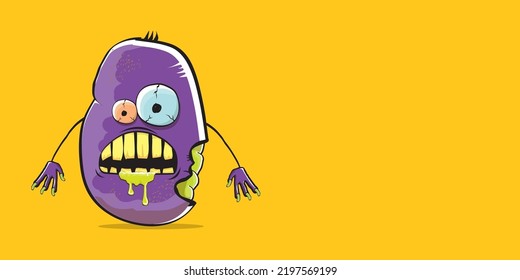 vector funny cartoon spooky violet zombie potato character isolated on orange background. Zombie potato vector concept halloween background and label. Dead monster vegetable funky character