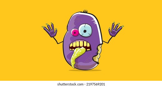 caricatura vectorial divertida espeluznante personaje de patata zombie violeta aislado en el fondo naranja. El concepto de vector de patata zombi halloween fondo y etiqueta. Carácter funky vegetal monstruo muerto