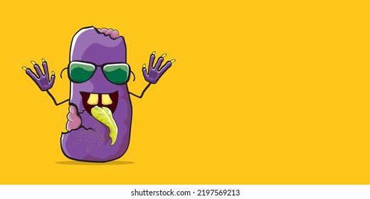 vector funny cartoon spooky violet zombie potato character isolated on orange background. Zombie potato vector concept halloween background and label. Dead monster vegetable funky character