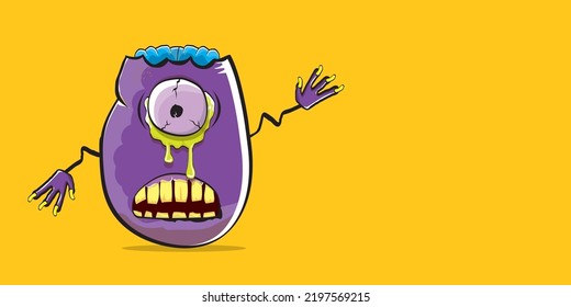vector funny cartoon spooky violet zombie potato character isolated on orange background. Zombie potato vector concept halloween background and label. Dead monster vegetable funky character