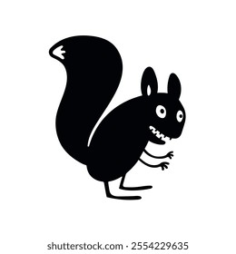 Vector funny cartoon squirrel in black and white silhouette. Minimalist animal illustration is ideal for playful, wild, or quirky projects