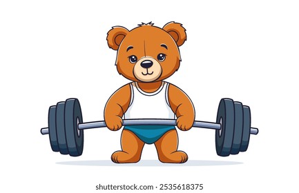 Vector divertido de dibujos animados de peluche fuerte atleta culturista Oso de peluche levanta pesada barra. Levantamiento de pesas. Poderoso juguete deportivo.